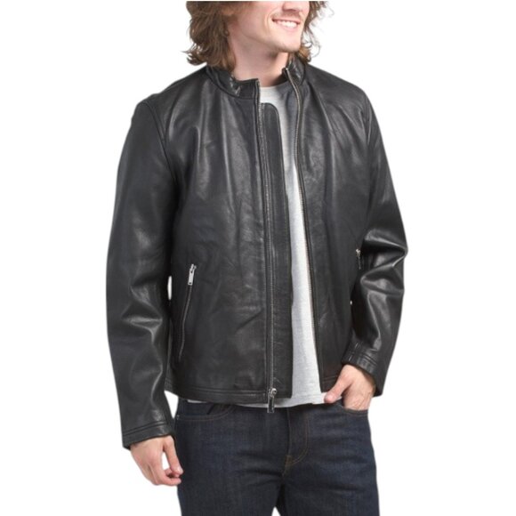 KARL LAGERFELD PARIS Leather Center Zip Jacket - Black - Picture 1 of 2